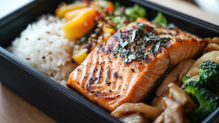A close-up of a bento box with rice, grilled salmon, and a portion of stir-fried vegetables, perfect for lunch.の素材
