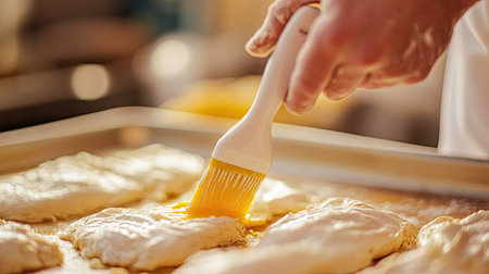 A close-up of a silicone brush being used by a pastry chef to brush egg yolk over bread dough on a baking tray.の素材