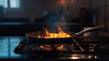 A close-up of a gas stove with a frying pan heating up, flames flickering brightly under the pan.の素材