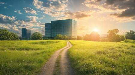 A dirt road leading to a modern office building, symbolizing the journey from humble beginnings to success.の素材