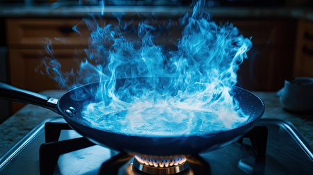 A dramatic shot of a frying pan over a gas stove, with vibrant blue flames rising from the burner.の素材