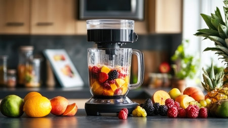 A countertop filled with fresh fruit and a blender mid-blend, with smoothie recipe books in the background.の素材