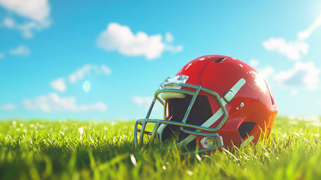 A close-up of a football helmet resting on a grassy field under a clear blue sky.の素材