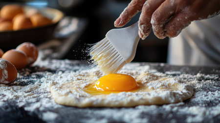 A close-up of a silicone brush being used by a pastry chef to coat raw bread dough with egg yolk before baking.の素材