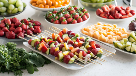 A festive buffet table with fresh fruit skewers displayed alongside other party foods, with bright, colorful fruits.の素材