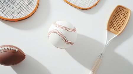A clean white background showcasing assorted sports equipment, including a baseball, football, and tennis racket.の素材