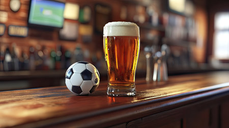 A close-up of a half-full pint of beer and a soccer ball on the edge of a bar counter.の素材