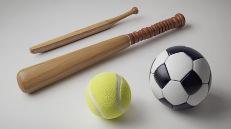 A collection of popular sports items, including a cricket bat, tennis ball, and soccer ball, isolated on white.の素材