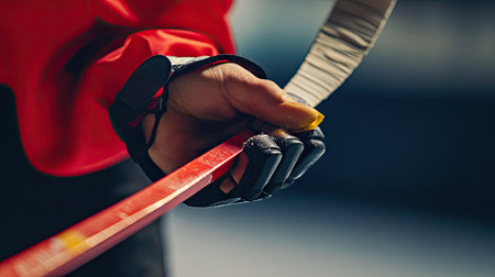 A close-up of a player's hands tightening tape on the blade of a hockey stick before a game.の素材