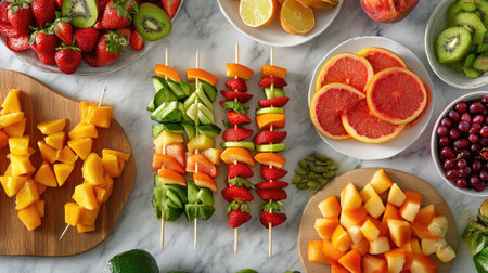 A festive buffet table with fresh fruit skewers displayed alongside other party foods, with bright, colorful fruits.の素材