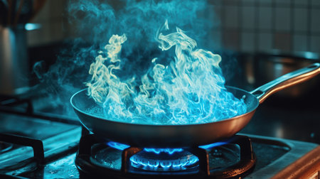 A dramatic shot of a frying pan over a gas stove, with vibrant blue flames rising from the burner.の素材