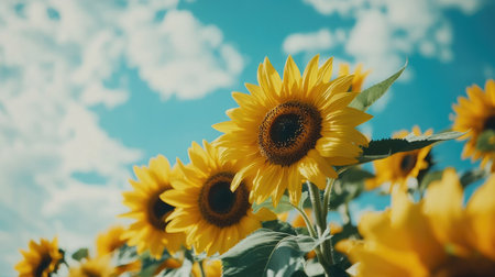 A close-up of sunflowers in full bloom, with a cloudy blue sky above creating a serene and dramatic backdrop.の素材