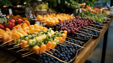 A delicious spread of fruit skewers with a variety of fruits, including blueberries, melon, and grapes, for a buffet event.の素材