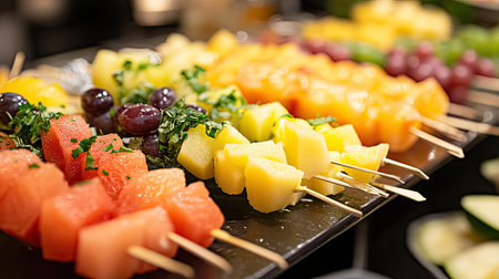 A close-up of assorted fresh fruit skewers with colorful chunks of pineapple, grapes, and melon for a festive party.の素材