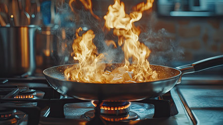 A dramatic shot of flames under a frying pan on a gas stove, heating up ingredients for a delicious recipe.の素材