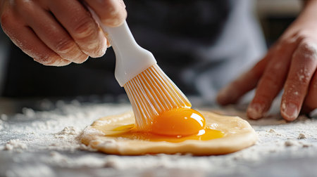 A close-up of hands of a pastry chef gently brushing egg yolk over uncooked bread dough with a silicone brush.の素材