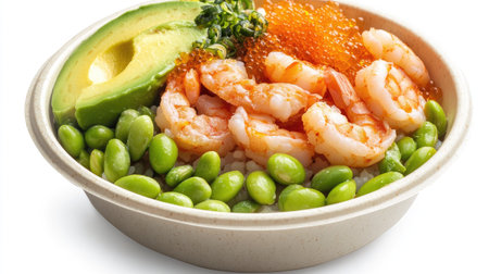 A close-up of a poke bowl with avocado, shrimp, and edamame, served in a take-out container isolated on a white background.の素材
