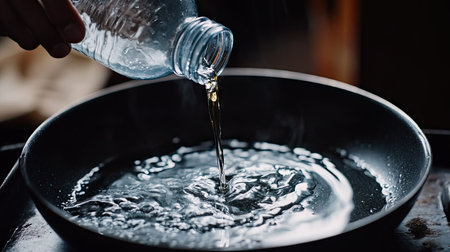 A detailed shot of a hand pouring oil from a plastic bottle into a frying pan, with a focus on the shimmering liquid.の素材