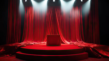 A dramatic stage with a single podium draped in vibrant red silk, highlighted by sharp white spotlights.の素材
