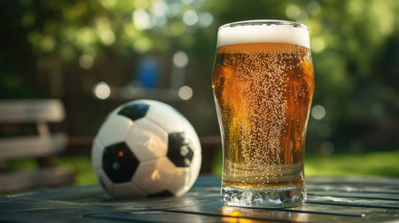 A clear beer glass with bubbles rising, sitting beside a soccer ball on a patio table.の素材