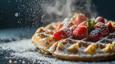 A close-up of a modern waffle maker with a freshly cooked waffle and toppings like strawberries and powdered sugar.の素材