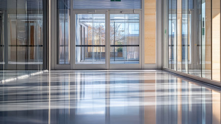 A detail shot of an aluminum door track system with smooth-gliding mechanisms and clear glass panels.の素材