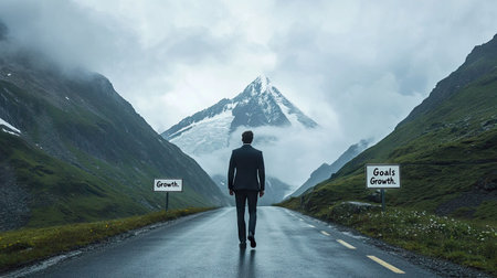 A businessman in a suit walking confidently on a road marked with milestones such as Goals and Growth.の素材