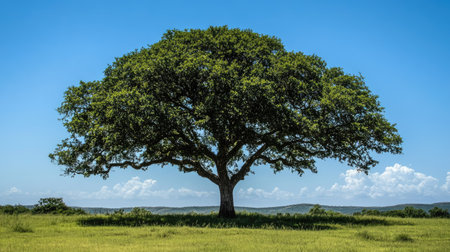 A clear shot of a tall tree with an expansive green canopy under a perfect blue sky.の素材