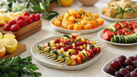A festive buffet table with fresh fruit skewers displayed alongside other party foods, with bright, colorful fruits.の素材