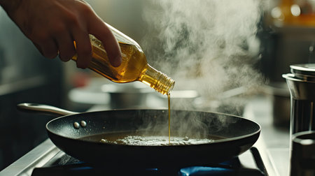 A chef's hand tilting a bottle of olive oil to pour into a frying pan, with a sizzling sound implied.の素材