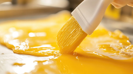 A close-up of a silicone brush being used by a pastry chef to coat raw bread dough with egg yolk before baking.の素材