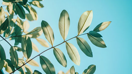 A close-up of the green leaves of a tree crown, with the blue sky and sunlight filtering through.の素材