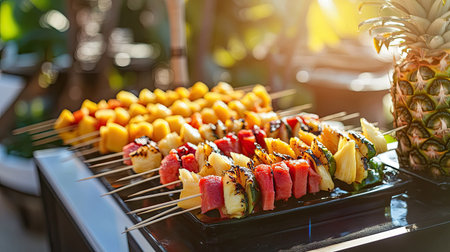 A close-up of fresh fruit skewers with tropical fruits like papaya, pineapple, and mango on a serving dish.の素材