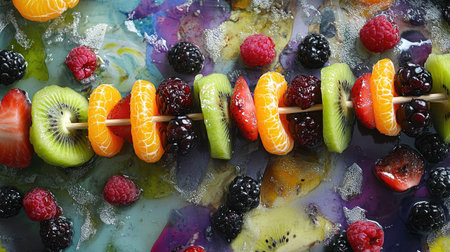 A close-up of colorful fruit skewers with kiwi, orange slices, and berries on a serving tray for a party.の素材