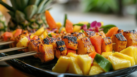 A close-up of fresh fruit skewers with tropical fruits like papaya, pineapple, and mango on a serving dish.の素材