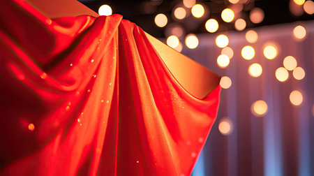 A close-up of the red silk fabric draping over a presentation podium, glowing under bright lighting.の素材