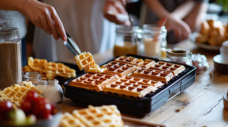 A family enjoying waffles, with a modern waffle maker and a variety of ingredients in the background.の素材