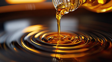 A close-up of golden cooking oil being poured from a bottle into a hot frying pan on a modern stovetop.の素材