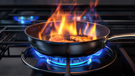 A close-up shot of a frying pan on a gas burner with flames rising and food frying inside the pan.の素材