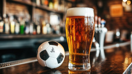 A close-up of a half-full pint of beer and a soccer ball on the edge of a bar counter.の素材