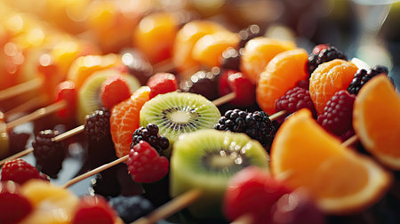 A close-up of colorful fruit skewers with kiwi, orange slices, and berries on a serving tray for a party.の素材