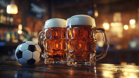 A close-up of two clinking beer mugs with a soccer ball in the foreground and a blurred bar scene.の素材
