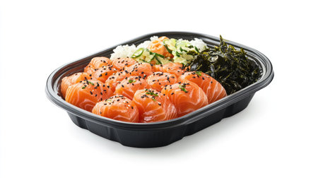 A delicious and colorful poke bowl with salmon, seaweed, and rice, served in a take-out container on white.の素材