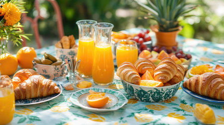 A festive brunch table decorated with orange juice carafes, croissants, and fresh fruit bowls on a cheerful tablecloth.の素材