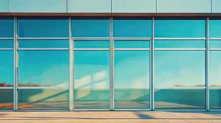 A close-up of sleek aluminum sliding doors with large glass panes, reflecting a bright sunny sky.の素材