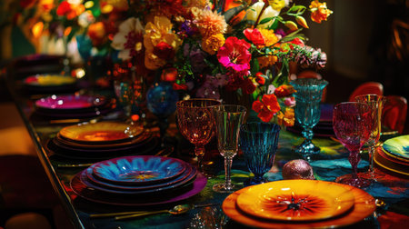 A festive table setup with a vibrant floral centerpiece, colorful plates, and matching glassware.の素材