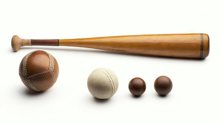A collection of popular sports items, including a cricket bat, tennis ball, and soccer ball, isolated on white.の素材