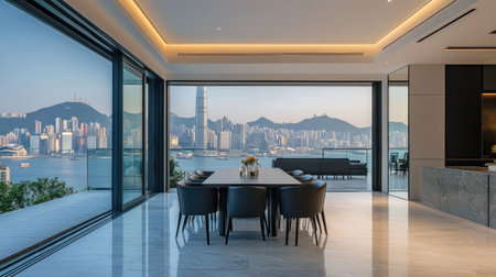 A contemporary dining area with an open aluminum frame sliding door overlooking a city skyline.の素材