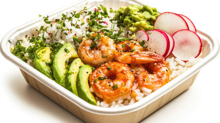 A delicious poke bowl with shrimp, rice, avocado, and radishes, served in a take-out container isolated on white.の素材