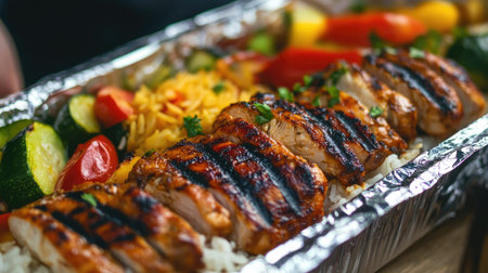 A close-up of a foil food box filled with a freshly prepared takeaway meal, including rice, vegetables, and grilled chicken.の素材